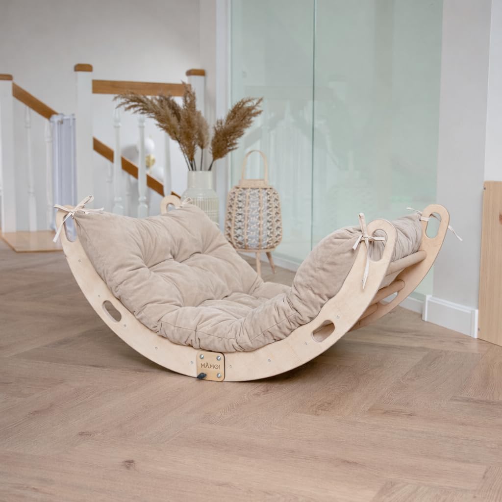 MAMOI® Kletterbogen mit Kissen | Kissen aus Baumwolle | Klettergerüst aus Holz | Kletterdreieck | Holz-Bogen | Indoor Spielgerät