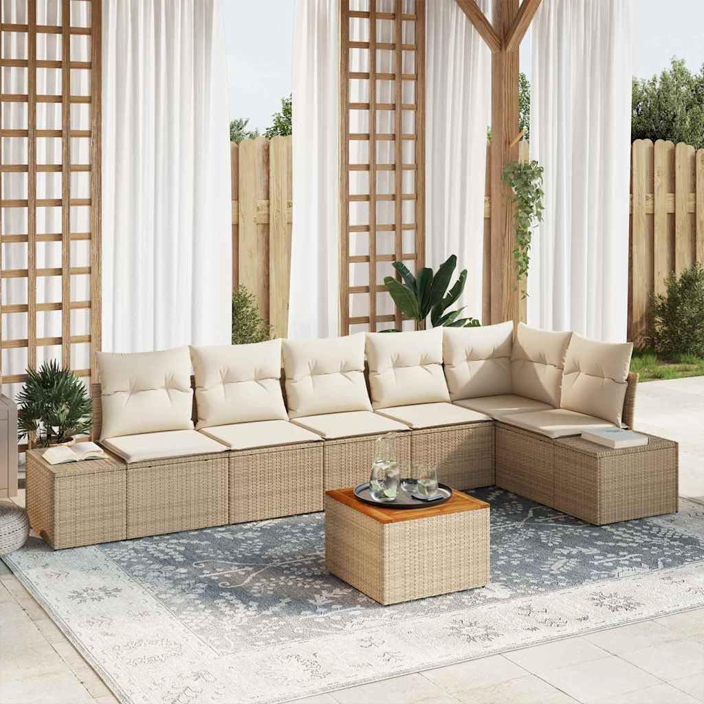 7-częściowy zestaw mebli ogrodowych, beżowy/biały, polirattan, drewno akacjowe, odporne na promieniowanie UV, modułowe meble outdoorowe na taras, balkon, patio, w zestawie miejsce do