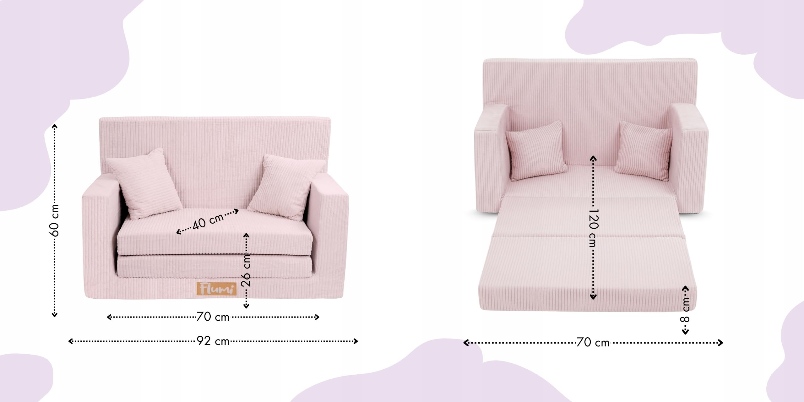 Flumi Personalizzato Divanetto Bambini con Funzione Sleep - 3 in 1 | Divani Piccoli | Divano Bambini | Colore: (velluto a coste Rosa)