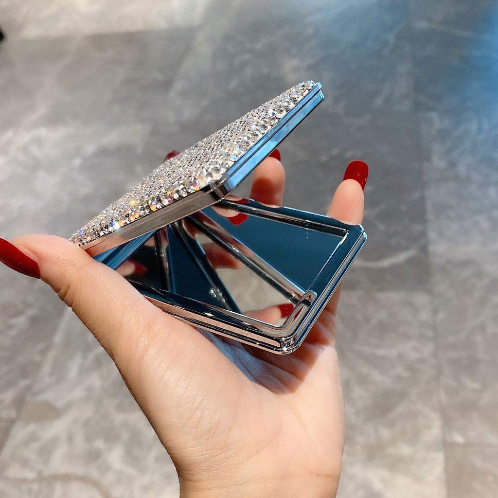 Specchio da Trucco Mini specchio quadrato portatile del trucco del diamante-incrostato con la piccola copertura di flip a soffitto specchio tascabile pieghevole for le donne Specchio Cosmetico