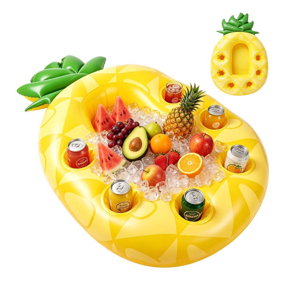 Nadmuchiwany uchwyt na napoje, pływający uchwyt na napoje, basenowy bar na butelki, nadmuchiwany uchwyt na kubek z 6 uchwytami na napoje i tacką na przekąski, 51 x 79 cm, wzór ananasa na lato i basen