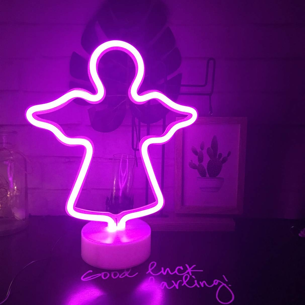 Neon night light Angel Neon Signs Shaped Decor Light with Holder Base,Table light/Wall Light/Room Decor light for Halloween,Christmas,Birthday party,Kids Room,Living Room,Wedding Party Decor(pink)