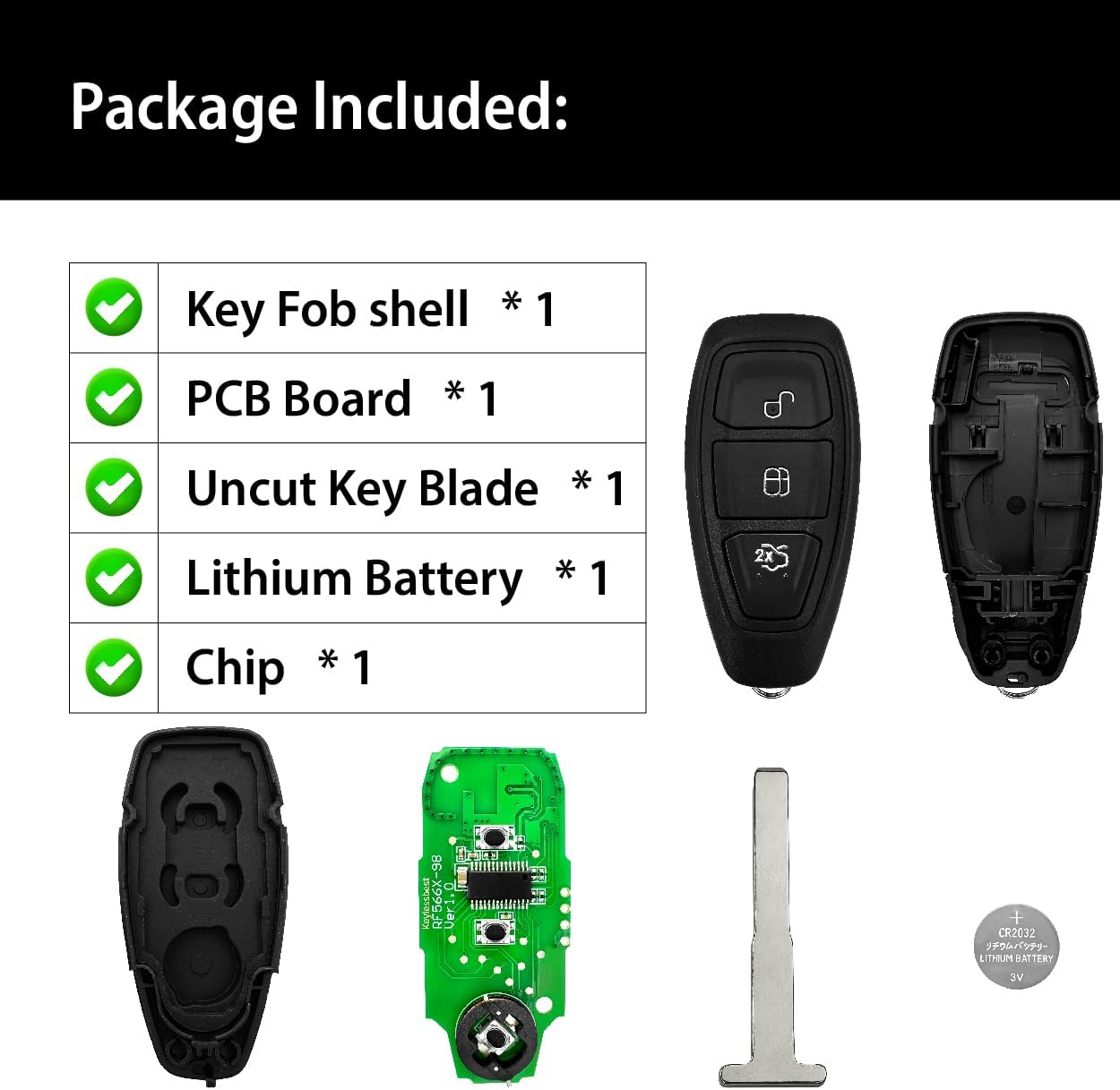 Car Key Fob Remote Keyless Entry Control KR55WK48801 434MHz 3 Button Replacement for 2011-2019 Ford Fiesta Focus Titanium C-Max - 2 Pack