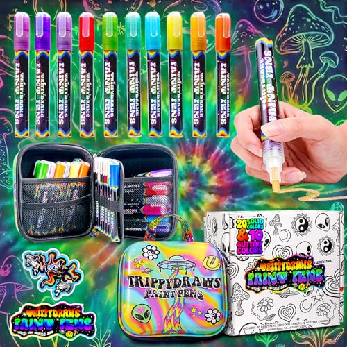 Trippydraws 30 Premium Acrylic Paint Markers for Adults Teens & Kids Vibrant Paint Pens w/Trippy Carry Case Smooth Non-Toxic Quick-Dry Colors for Scrapbooking Drawing & Journaling Projects