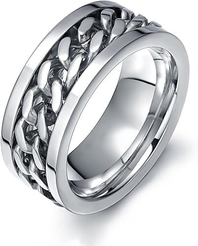 Men's Spinner Fidget Rings Chain Rotation Ring for Men Women 8MM Stainless Steel Intertwine Ring Motorcycle Biker Bicycle Chain Ring Cool Punk Rock