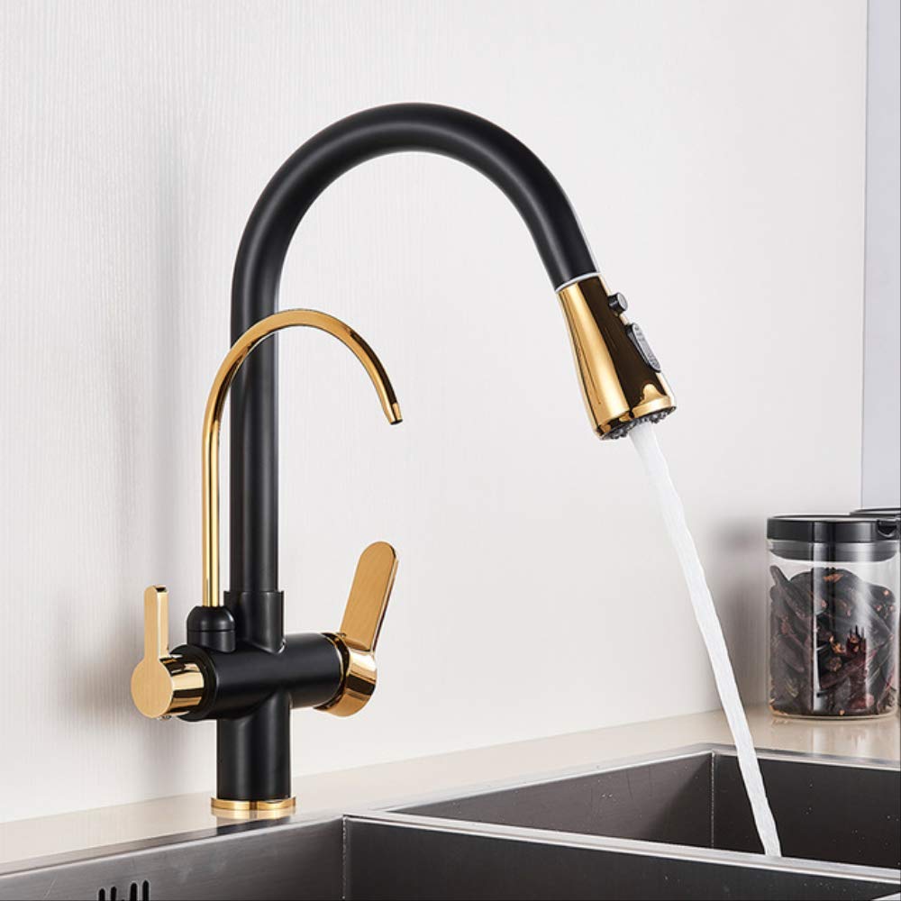 ZYCHSJXA Kitchen Water Filter Faucet faucets Dual Spout Mixer 360 Degree Rotation Purification Feature Taps Black with Gold A