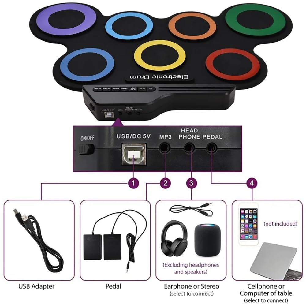 NEWFUN Batteria Elettronica Adulti, Tappetino Arrotolabile per Esercitarsi con 7 Drum Pad in Silicone con Mazzette e Pedale per Principianti