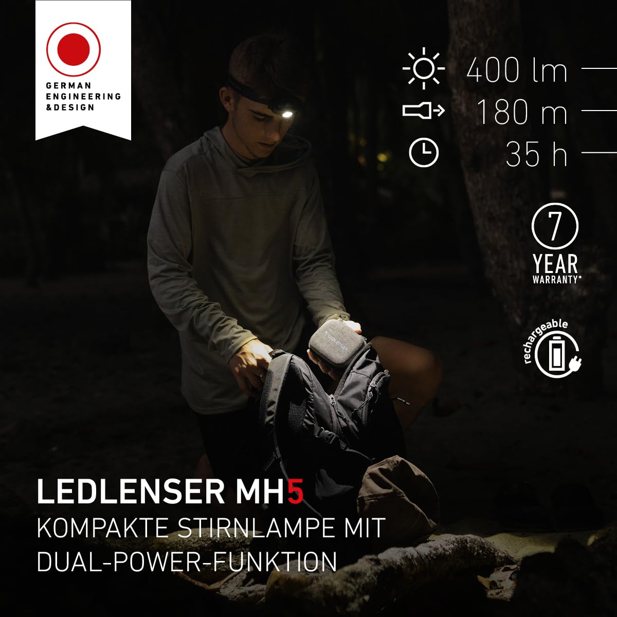 Ledlenser MH5 LED Stirn- und Handlampe in Einem, Outdoor, Akku- oder Batteriebetrieb möglich, 400 Lumen, Rotlichtfunktion, inkl. Akku