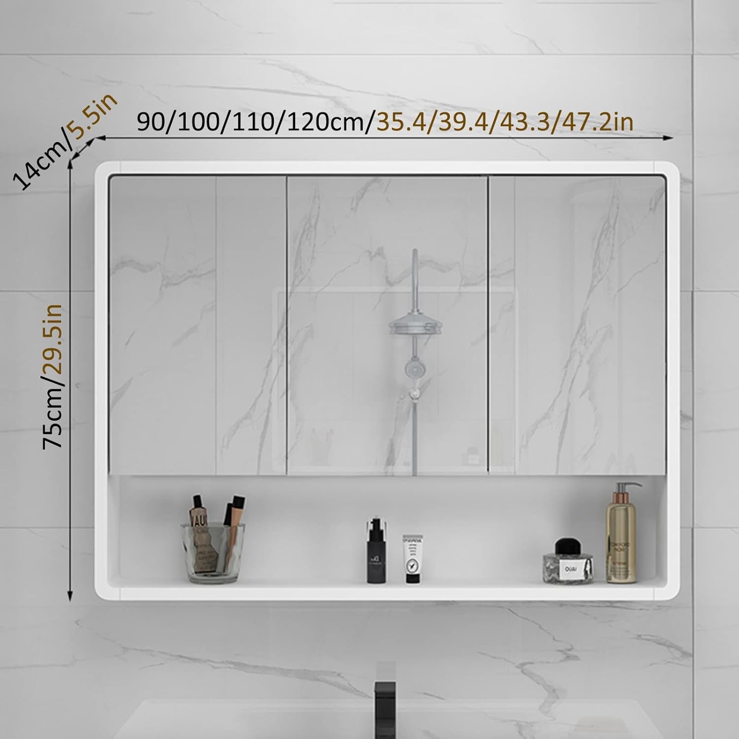 Rectangular Makeup Mirror Cabinet with Triple Doors - Wall-Mounted Bathroom Storage, White, 90cm - Stylish Dressing Mirror for Efficient Organization and Space-Saving