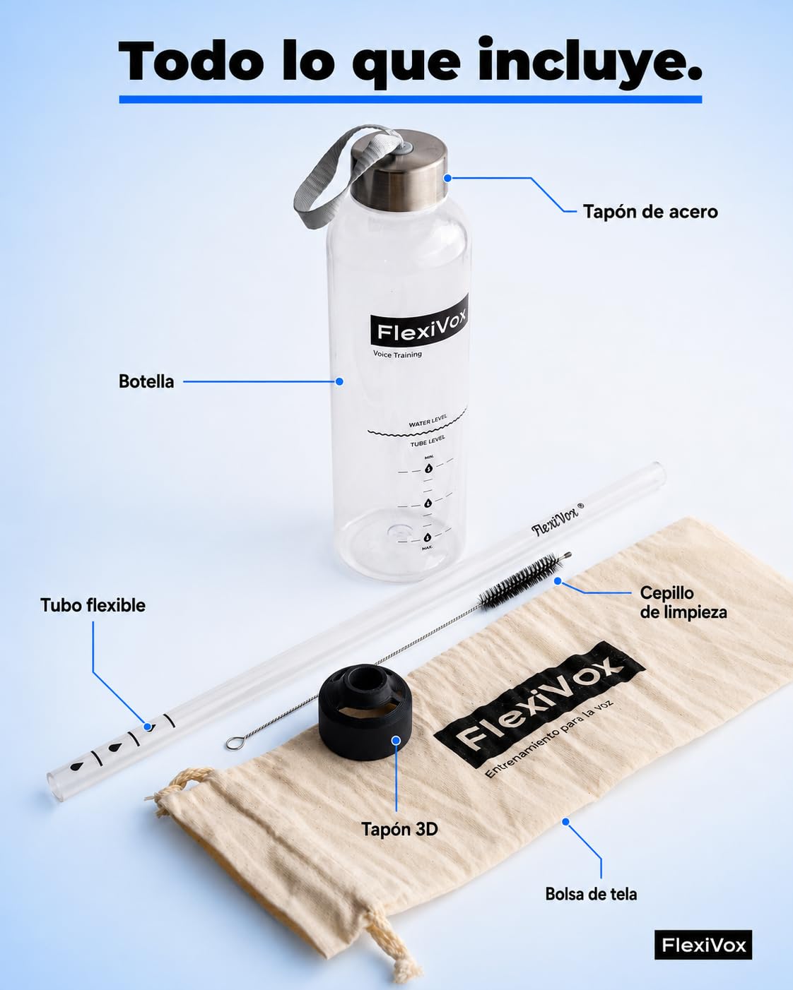 FlexiVox®, compatible con Método Lax Vox | Ideal para Entrenamiento Vocal SOVT, utilizado por Cantantes y Logopedia | Kit completo: Tubo y Botella Graduada, Cepillo, Bolsa con eBook incluido