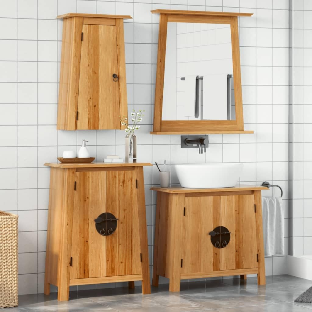 Bathroom Vanity Sink Cabinet Set, Rustic Solid Pine Wood Bathroom Storage Organizer with 4 Doors, Farmhouse Style Furniture Unit for Bathroom Space Saving, Brown