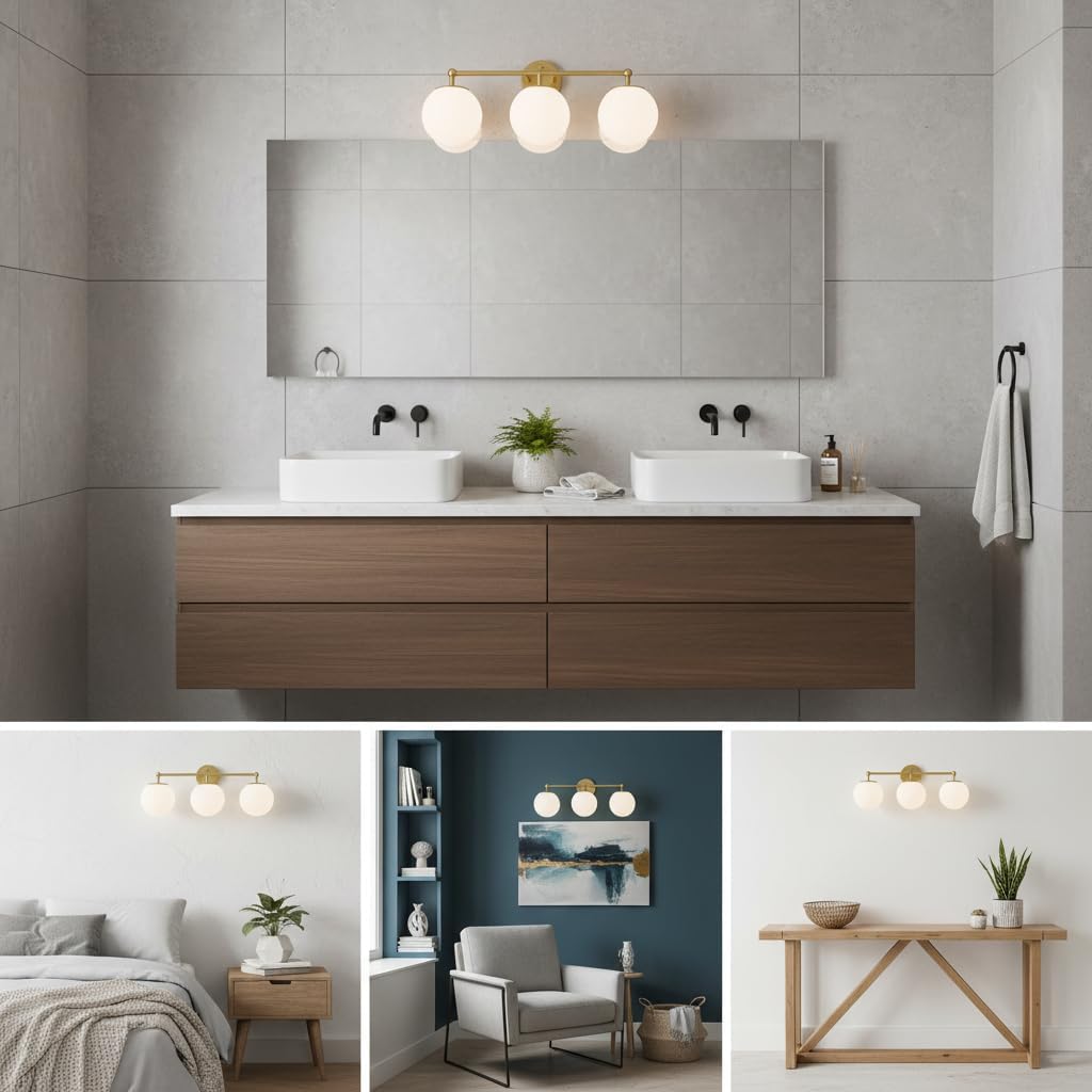 akezon gold vanity light for bathroom, modern bathroom light fixtures over mirror brushed gold vanity lights 3-light wall sconce with milky glass globe shade for mirror living room bedroom hallway gold 3-light