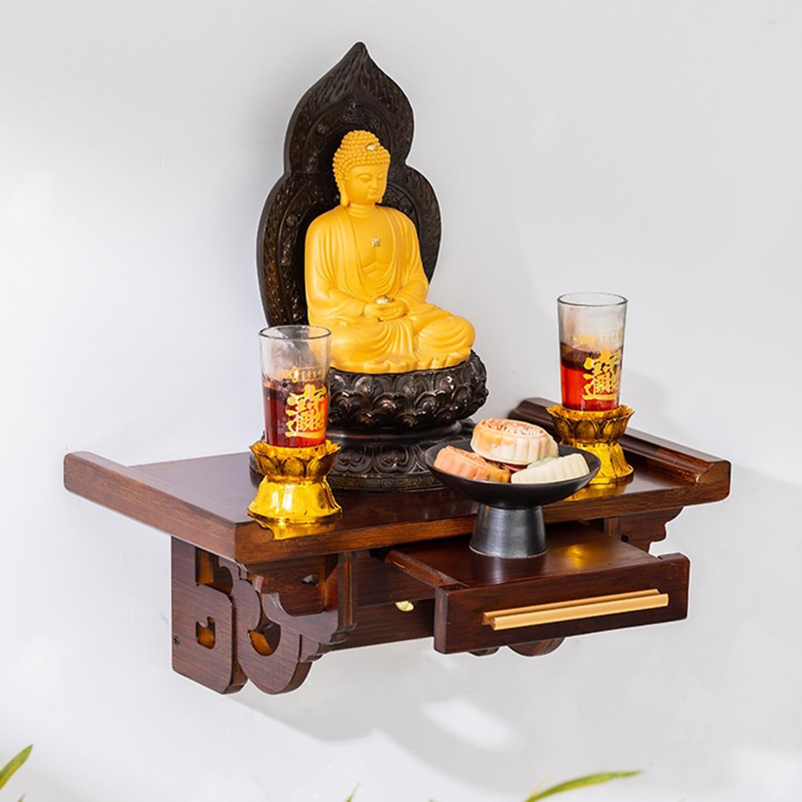 Estante de madera para pared para estatuas de Buda, mesa de altar Fengshui con montaje seguro para meditación en casa y rituales Pooja
