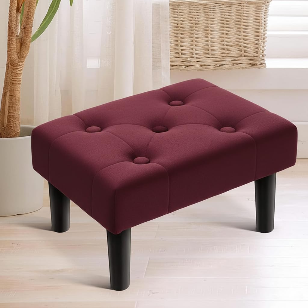 Luxury Velvet Tufted Footrest Ottoman Stool with Solid Wooden Legs | Designer Pouffe for Living Room, Bedroom & Lounge (Wine Maroon, Set of 1)-image-1