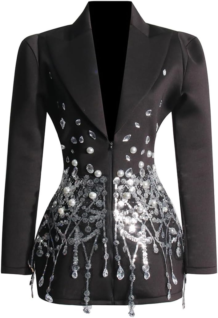 New Women's Fashion Suit Dress Sexy V-Neck Water Diamond Sequin Panel Coat
