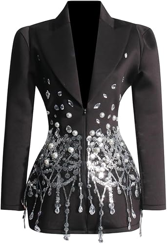New Womens Fashion Suit Dress Sexy V-Neck Water Diamond Sequin Panel Coat