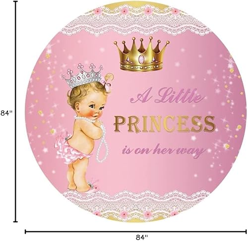 Miniatura 7 de Yeele Cubierta de fondo redonda de princesa para baby shower, de 6 x 6 pies, con texto en inglés "A Little Princess is on Her Way", fondo de