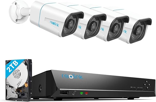 Reolink 4K PoE CCTV Security Camera System Ultra HD, 4X 8MP Outdoor PoE IP Cameras and 8CH 2TB HDD NVR for Continuous Recording, Smart Person and Vehicle Detection, Night Vision,RLK8-810B4-A