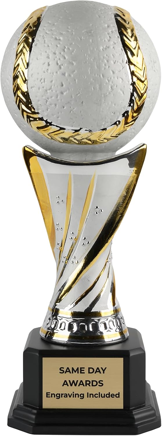 Premium Ceramic Baseball Trophy – Silver and Gold Championship Award on Ebony Base with Custom Engraving for MVPs Players Baseball Team Coach Leagues Tournaments & Special Recognition
