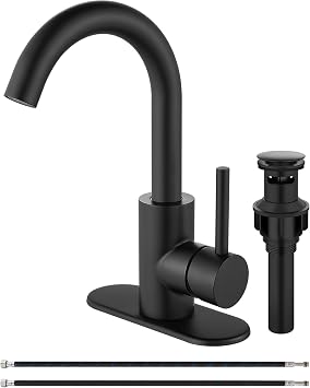 Midanya Single Hole Bathroom Faucet 1 Hole Bar Sink Faucet Suitable for Kitchen RV Vanity,304 Stainless Steel 360 Swivel Spout with Deck Plate and Pop-up Drain,Matte Black