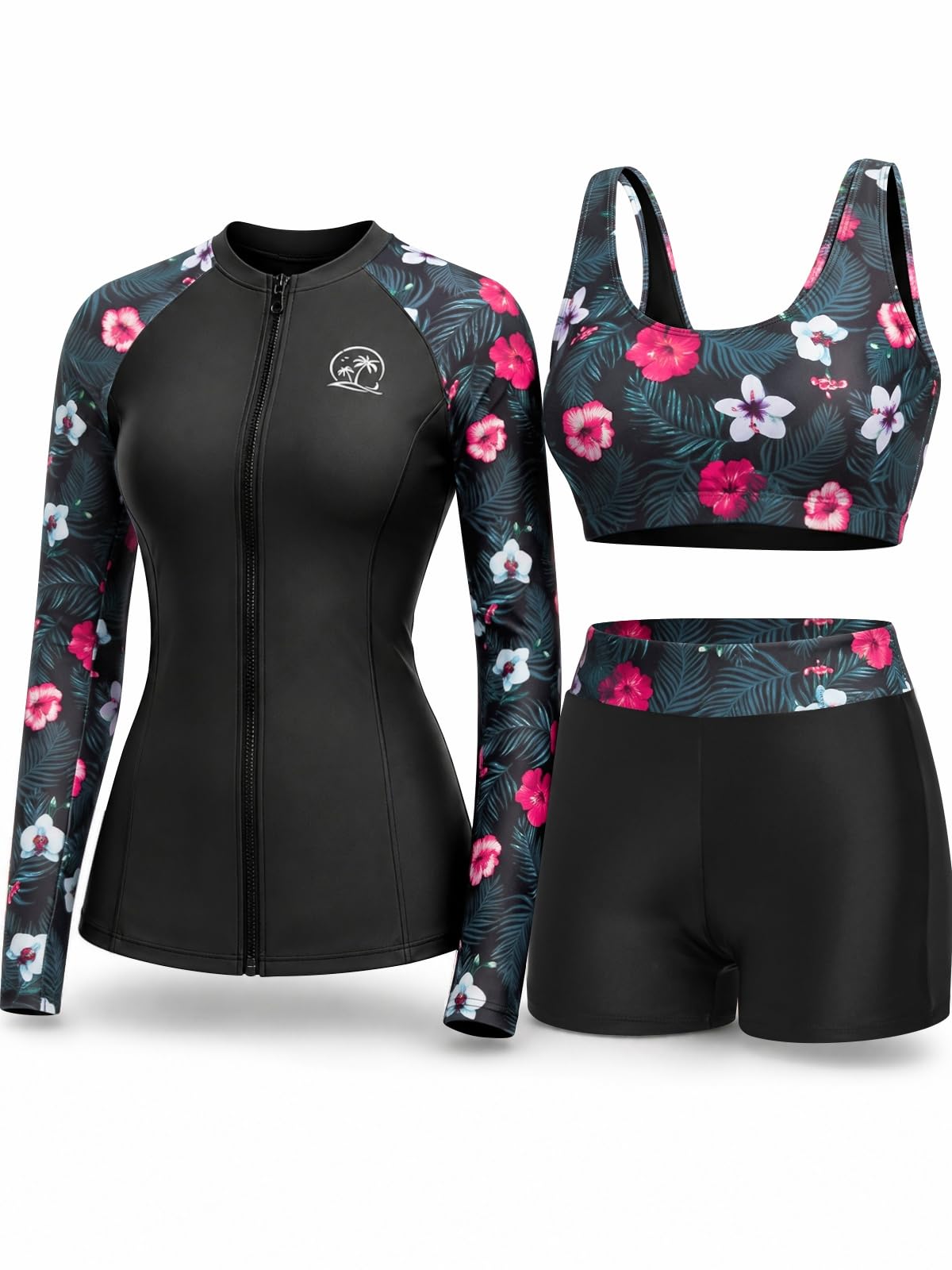 holipick Long Sleeve Swimsuits for Women - 3 Piece Rash Guard with Shorts Zipper SPF Swim Shirt with Built in Bra-picture-40