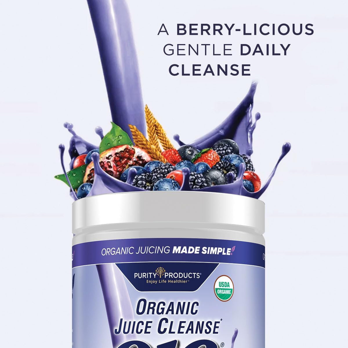 Purity Products OJC Blueberry Detox - Certified Organic Juice Cleanse Bloat + Gas Relief- Ft. OptiBiome Probiotics, Organic Super Fruits + 4 Grams Organic Psyllium Fiber - Vegan - 30 Day Supply