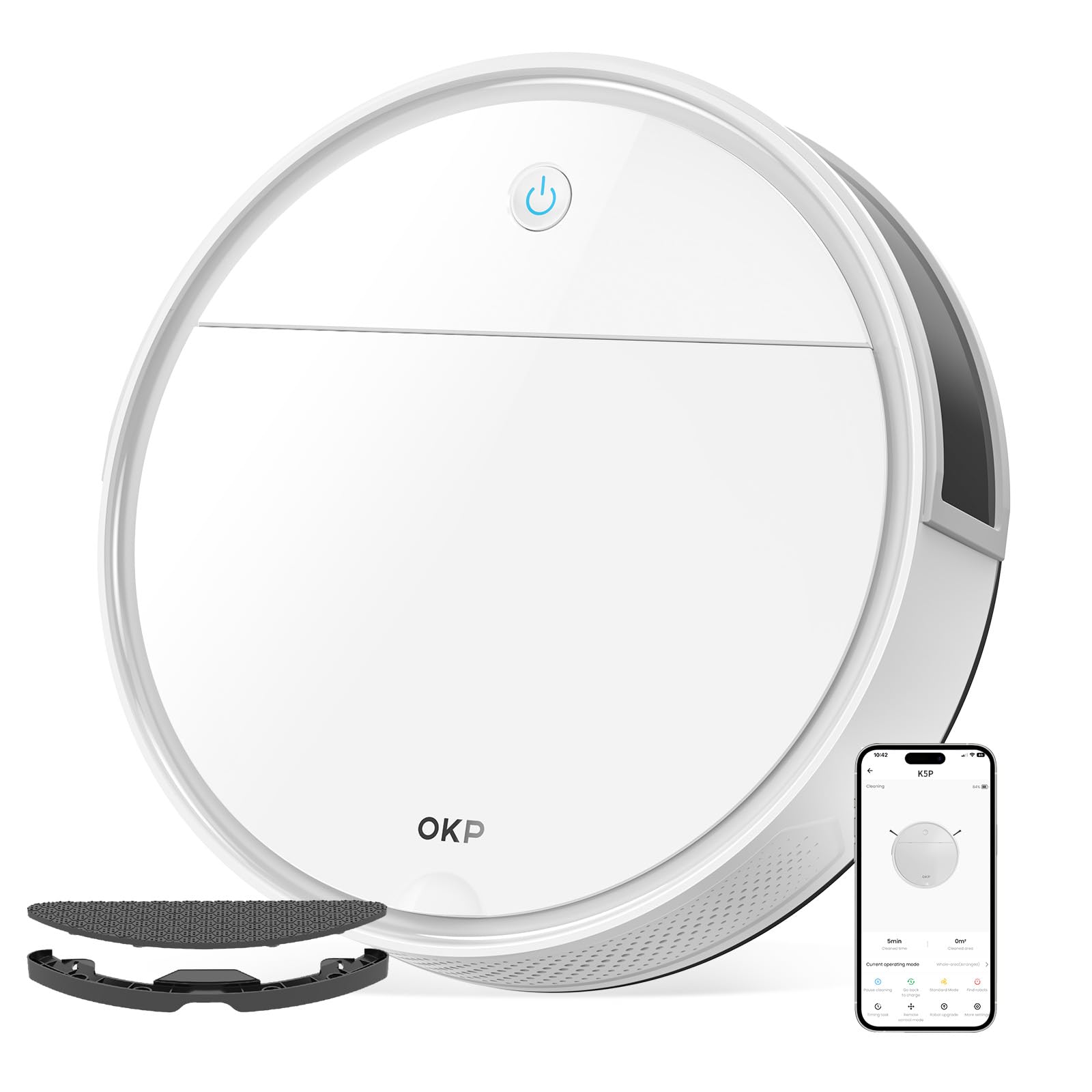 OKP K5 Pro Robot Aspirador, 5000Pa de súper succión, evitación precisa de obstáculos, Robot Aspirador y fregasuelos, Pelo no enredado, Carga automática, WiFi/App/Alexa, Ideal para Limpiar
