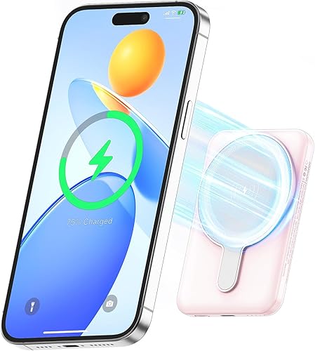 Magnetic Power Bank, 5000mAh Mini Wireless Portable Charger with Type-C Cable LED Display, 20W PD Fast Charging Magnetic Phone Charger for Mag-Safe Battery Pack for 15/14/13/12 Series (Pink)