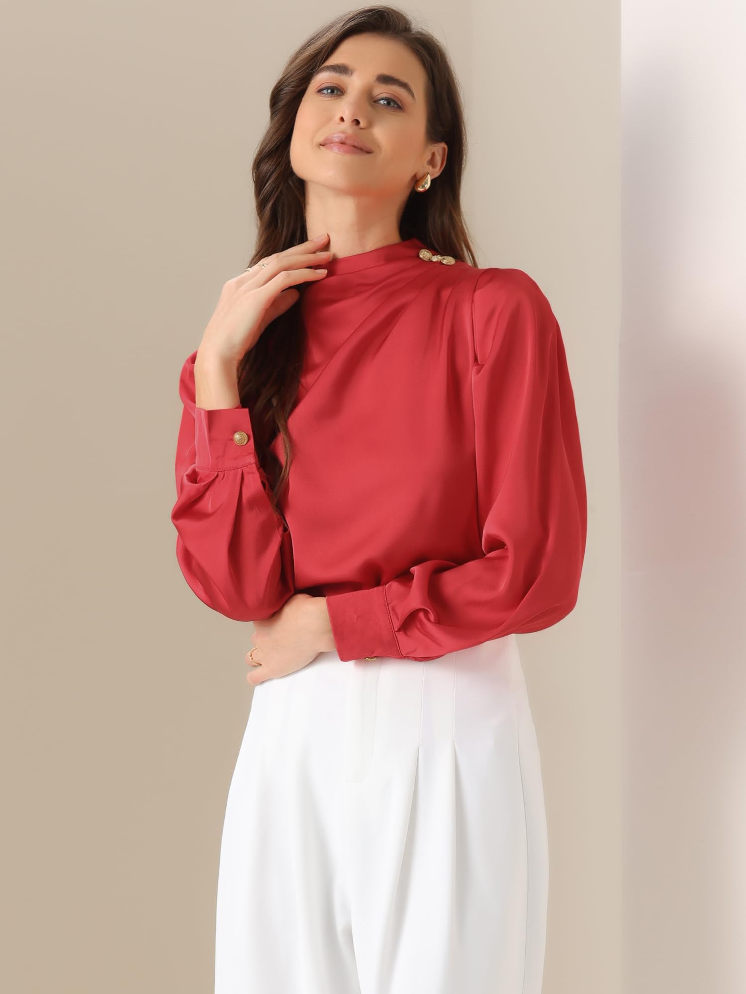 Allegra K Chemisier plissé en satin pour femme, col montant, manches bouffantes, haut habillé et décontracté