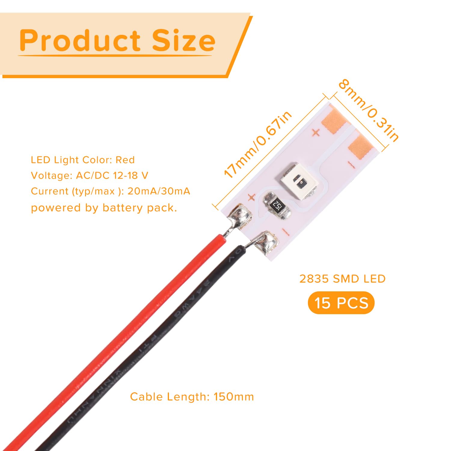 Lyeteung 15 PCS 17mm 12V - 18V Pre Wired Strip, 2835 SMD LED Model Railway LED Lighting, Red, 17mm - 15pcs - Image 2