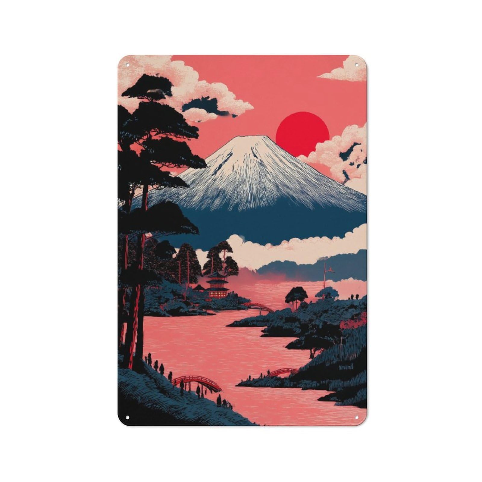 Junmoney Red Sun Over Fuji Printed Metal Sign 30X20cm For Pub Or Café, With Clear Industrial Wall Decor Character