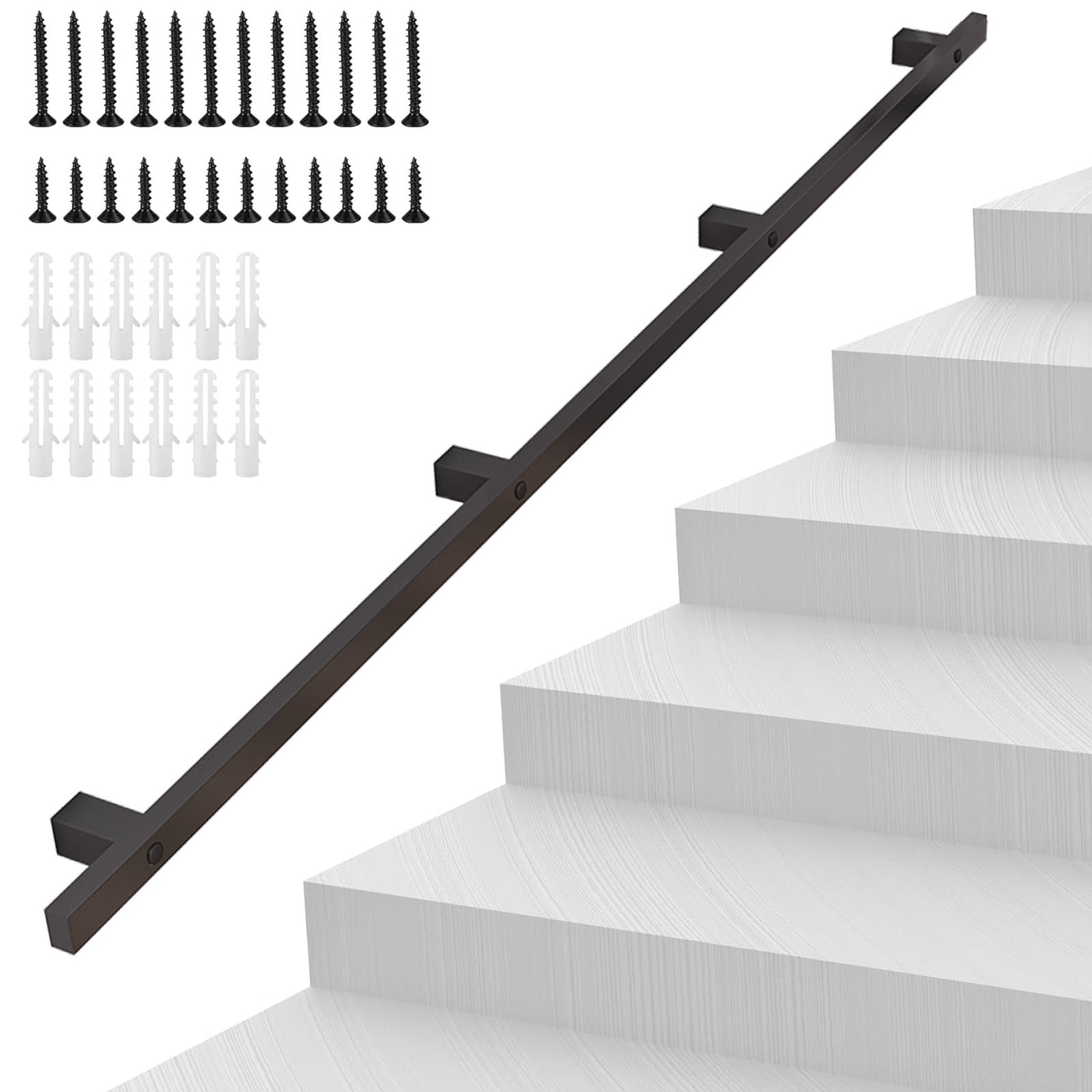 Fkxsxaz Black Stair Railing Indoor Wall Handrail For Stairs 5Ft 7Ft 11Ft 20Ft Galvanized Iron Hand Rails Pipe Handrails Banister Rail Kit With Brackets Fittings Staircase Grab Bar(18Ft/540