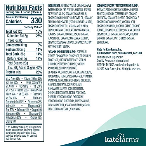 Kate Farms Organic Nutrition Shakes, Vegan Nutrient Dense Meal Replacement Drinks, Protein Shake or Supplemental Snack, Made Without Gluten, Soy, Dairy, or Corn (Chocolate, Case of 12)