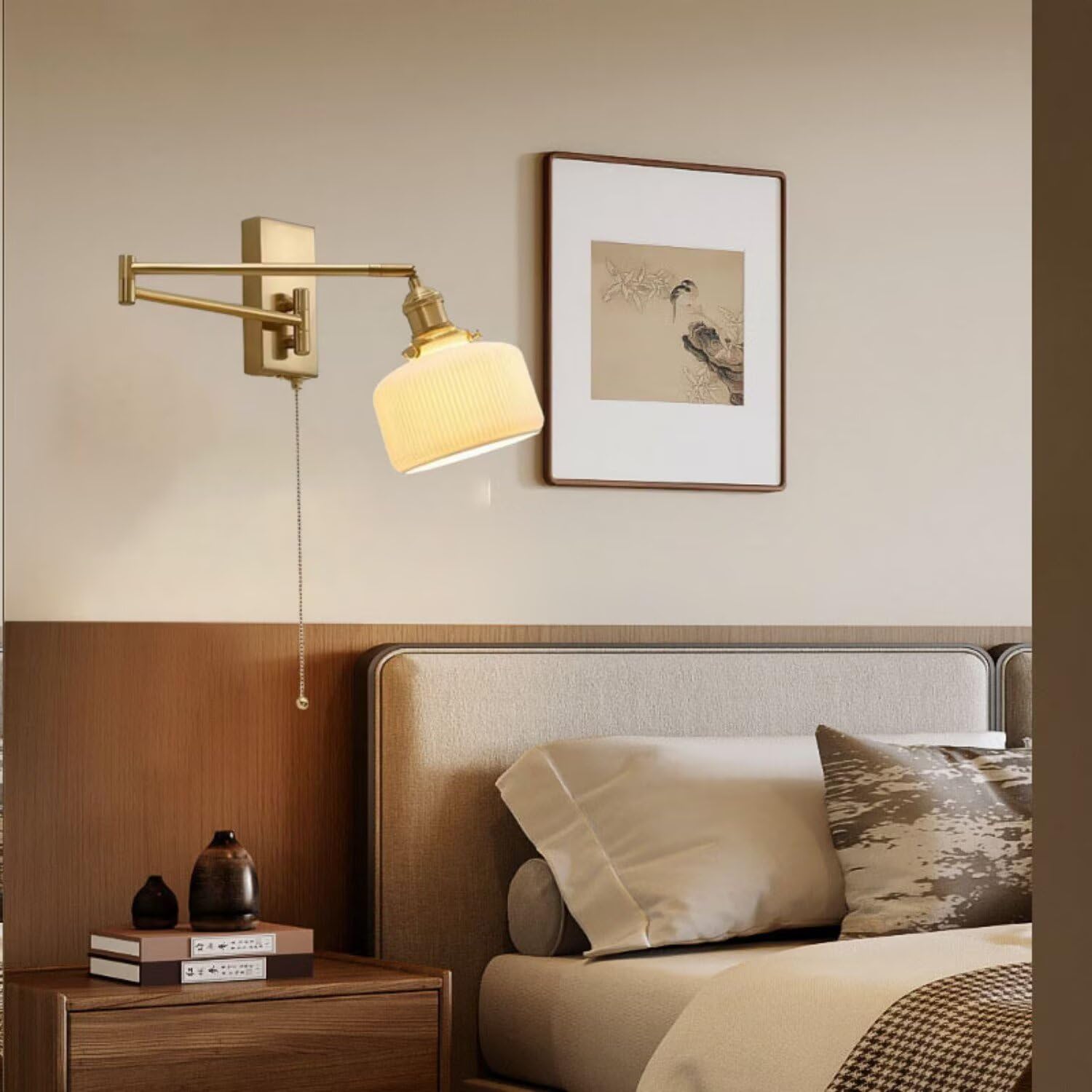 Swing Arm Wall Lamp Pull Cord Switch Adjustable Long Arm Wall Sconce Modern Gold Bedside Reading Lamp Milk White Ribbed Ceramic Shade Rotatable Brass Wall Light for Living Room Bedroom Study, Bell