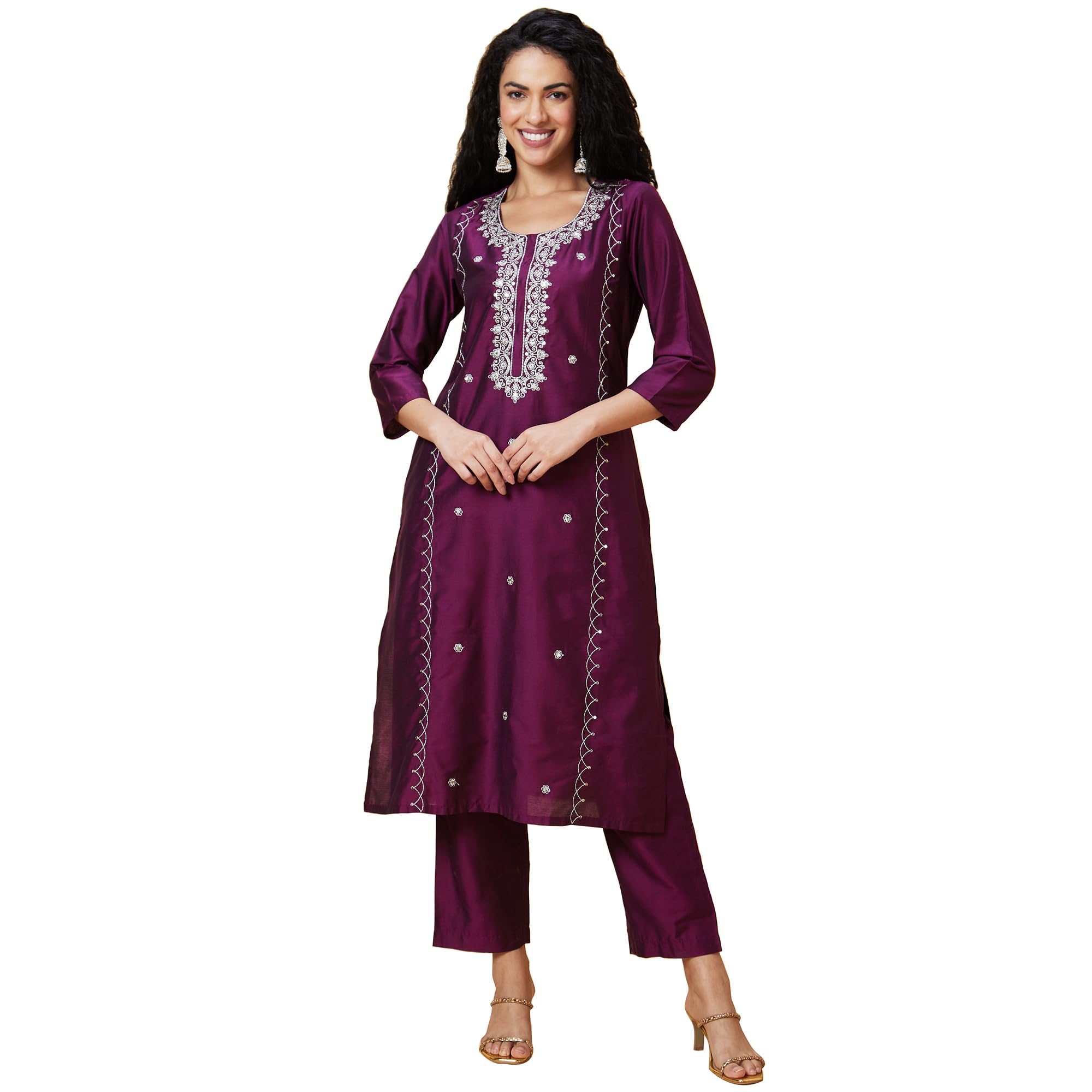 Globus Women Embroidered Ethnic Motifs Festive Straight Kurta With Trousers