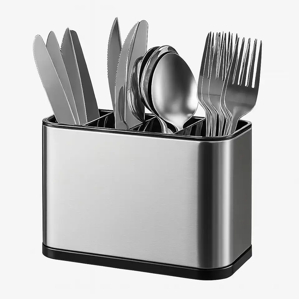 Escorredor Porta Talheres Aço Inox 4 Divisórias com Sistema de Drenagem Design Moderno Organizador de Utensílios de Cozinha Pia Compacto