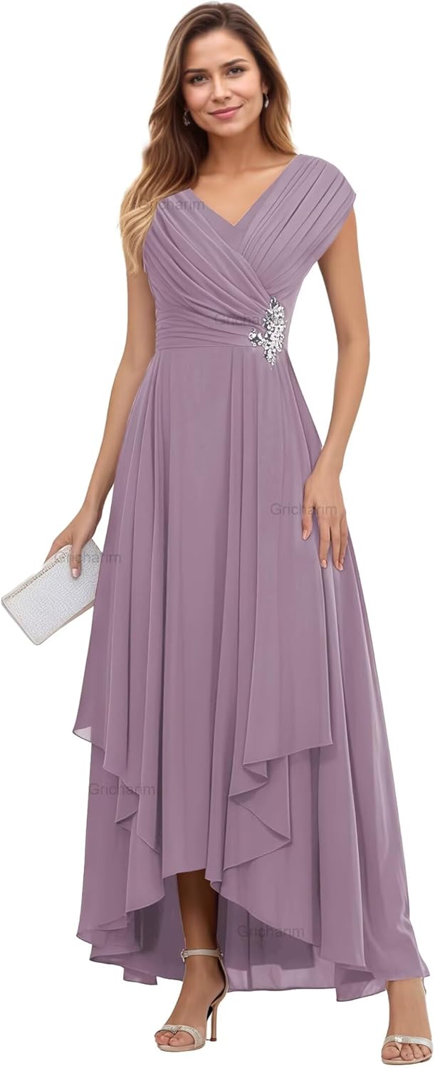 Cap Sleeve Ruffle Chiffon Mother of The Bride Dress Ruched A line Formal Evening Dress GR044