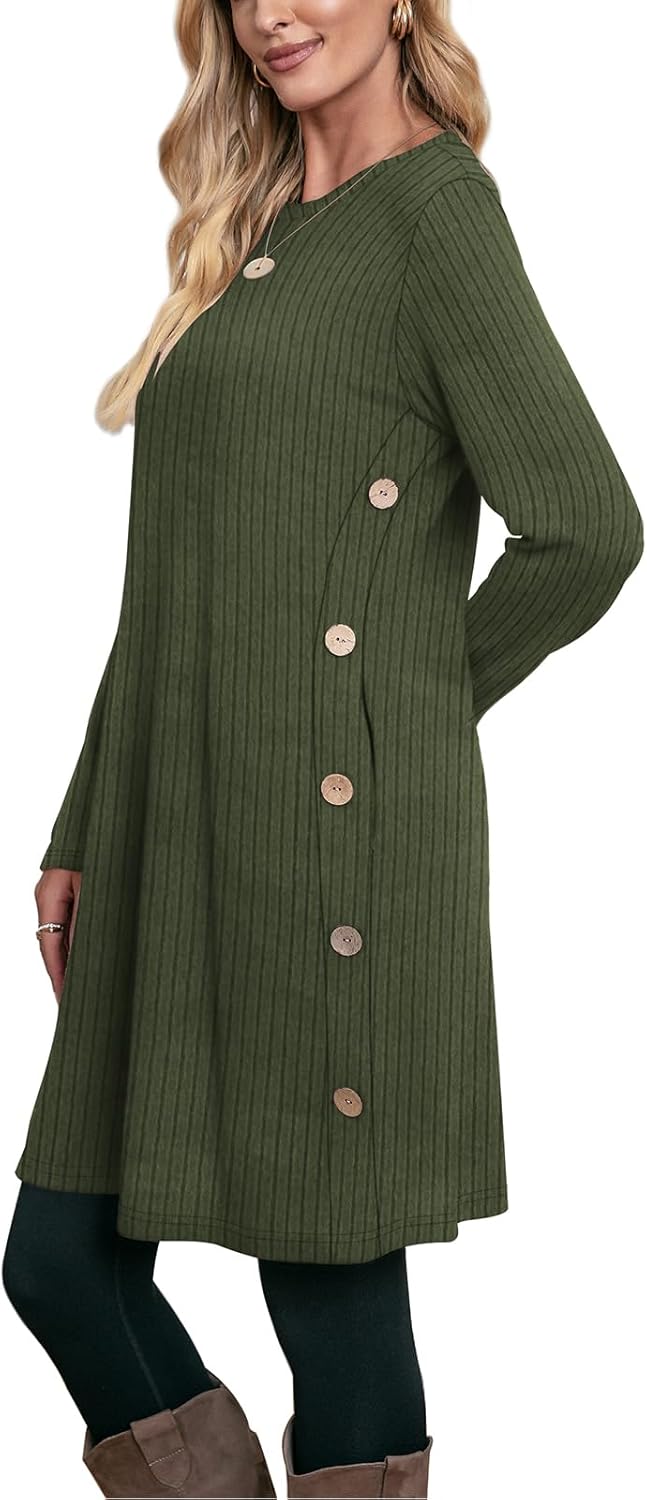 OFEEFAN Fall and Winter Tunic Dress with Pockets Long Sleeve Crew Neck Buttons Side - Image 4