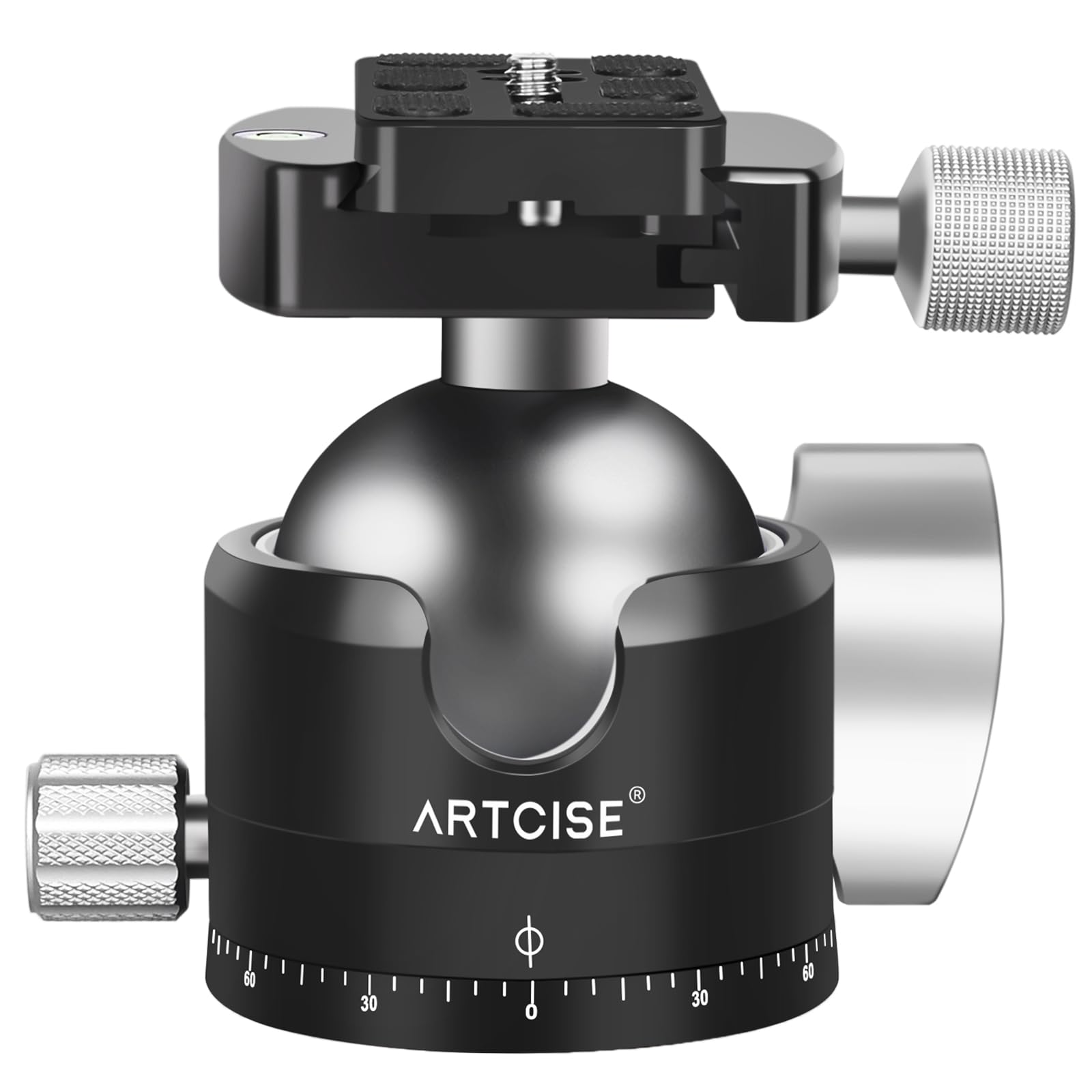 Testa a sfera a profilo basso ARTCISE, testa panoramica per treppiede in metallo da 56 mm compatibile con piastra a sgancio rapido Arca 1/4" per treppiede o monopiede, capacità di carico: 40 kg