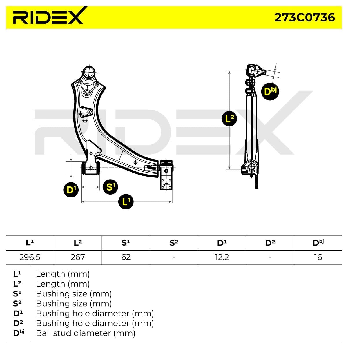 RIDEX 273C0736 Barra oscilante de suspensión de ruedas Delantero Izquierda con apoyo de caucho Compatible con CITROËN Berlingo/Berlingo First I MF, GJK, GFK