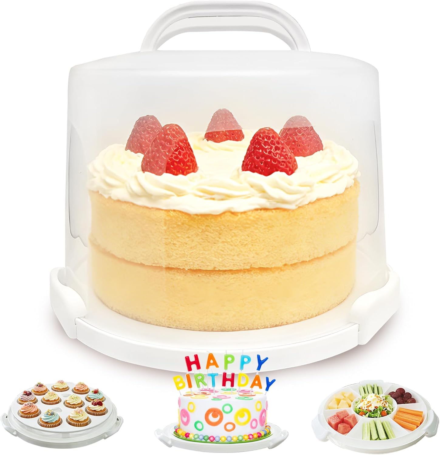 Plastic Cake Carrier with Lid and Handle, Multipurpose Cake Stand Holder Container for 11 in Cake, Round Cupcake Storage Box Serving Tray with Cover for Bundt Dessert Pie Pizza Eggs Fruit White