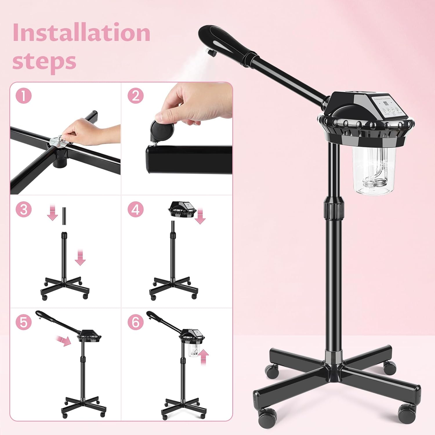 Professional Facial Steamer, Facial Steamer on Wheels with More Steam, Adjustable Height and Angle, Face Steamer for Deep Cleansing and Hydration, Estheticians Steamer for Beauty, Spa and Home Use - Image 7