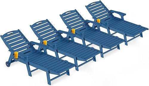 Miniatura 10 de Juego de 2 tumbonas para exteriores, sillas de patio para exteriores, sillas de salón de polietileno de alta densidad con ruedas y soporte para Gris