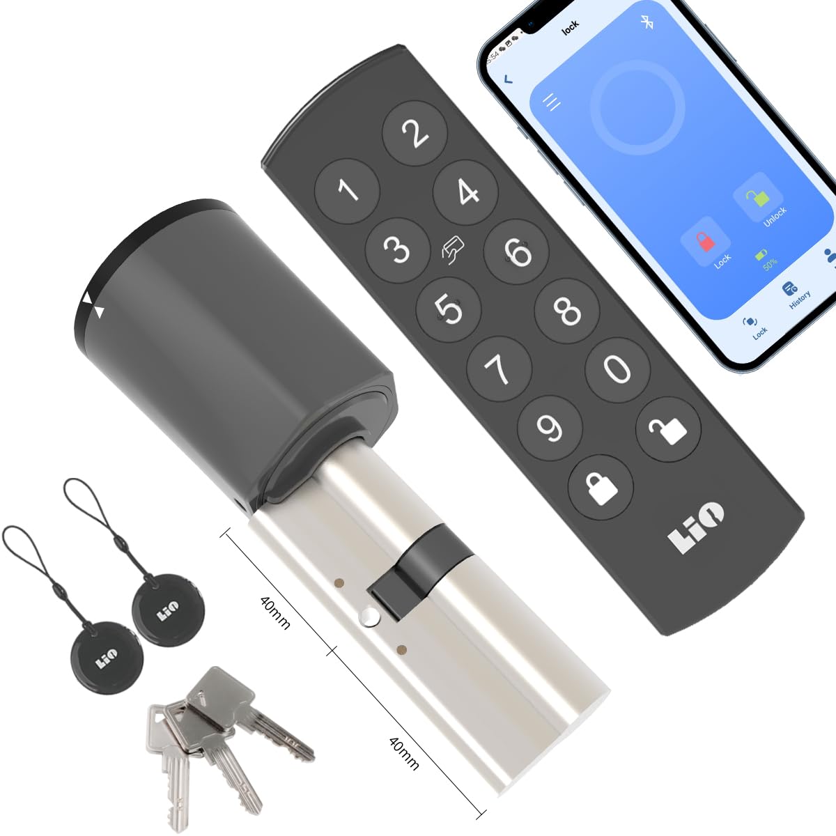 Serrure Porte Connectée Wifi avec Clavier,Cylindre 40/40 | Accès via Code, Cartes, APP,Clés.Pour les portes Airbnb/Bureau/d'entrée/derrière/jardin