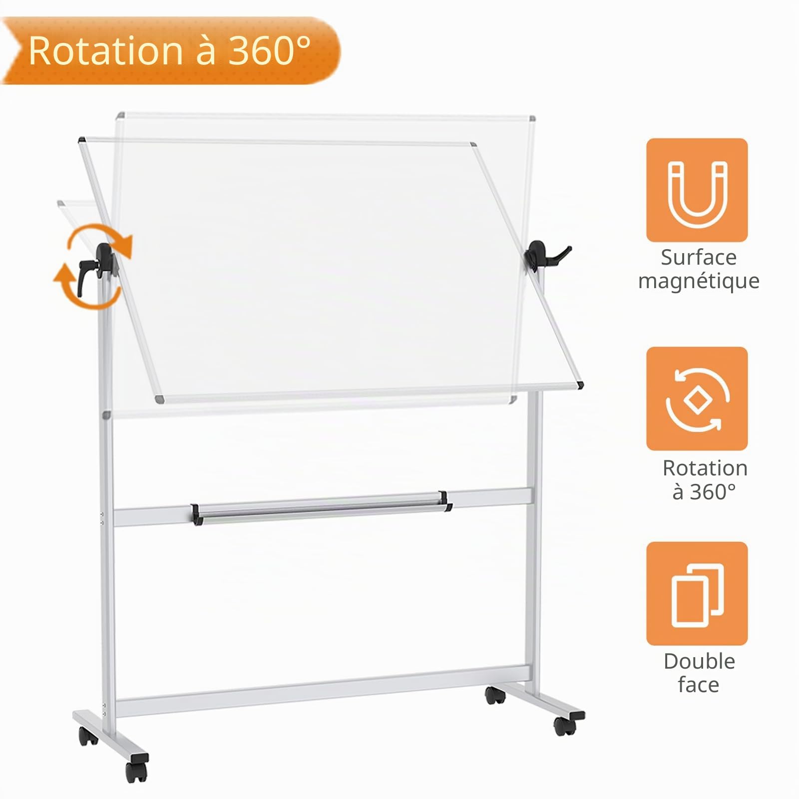 VIZ-PRO Tableau blanc mobile pivotant magnétique double face, cadre en aluminium 120 x 90 cm