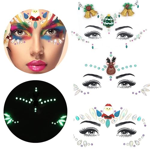 Miniatura 1 de 3 piezas de joyas de Navidad para la cara, tatuajes, ojos, gemas luminosas de Navidad, gemas de cara luminosas de Navidad, árbol de alce de Papá