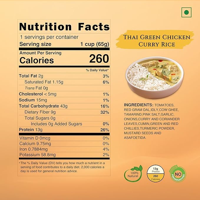 Image of Instabites Ready to Eat Thai Green Chicken Curry Rice Cup 65g, No Added Preservatives and Ready to Eat in Minutes - Pack of 3