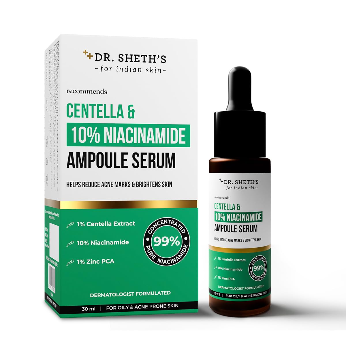 Dr. Sheth's Centella & 10% Niacinamide Face Serum | Oil & Sebum Control | Acne Scars, Acne Marks, Redness & Skin Irritation | Lightweight & Quick-Absorbing | Fades Discoloration & Improves Skin Texture | For All Skin Types | 30 ml