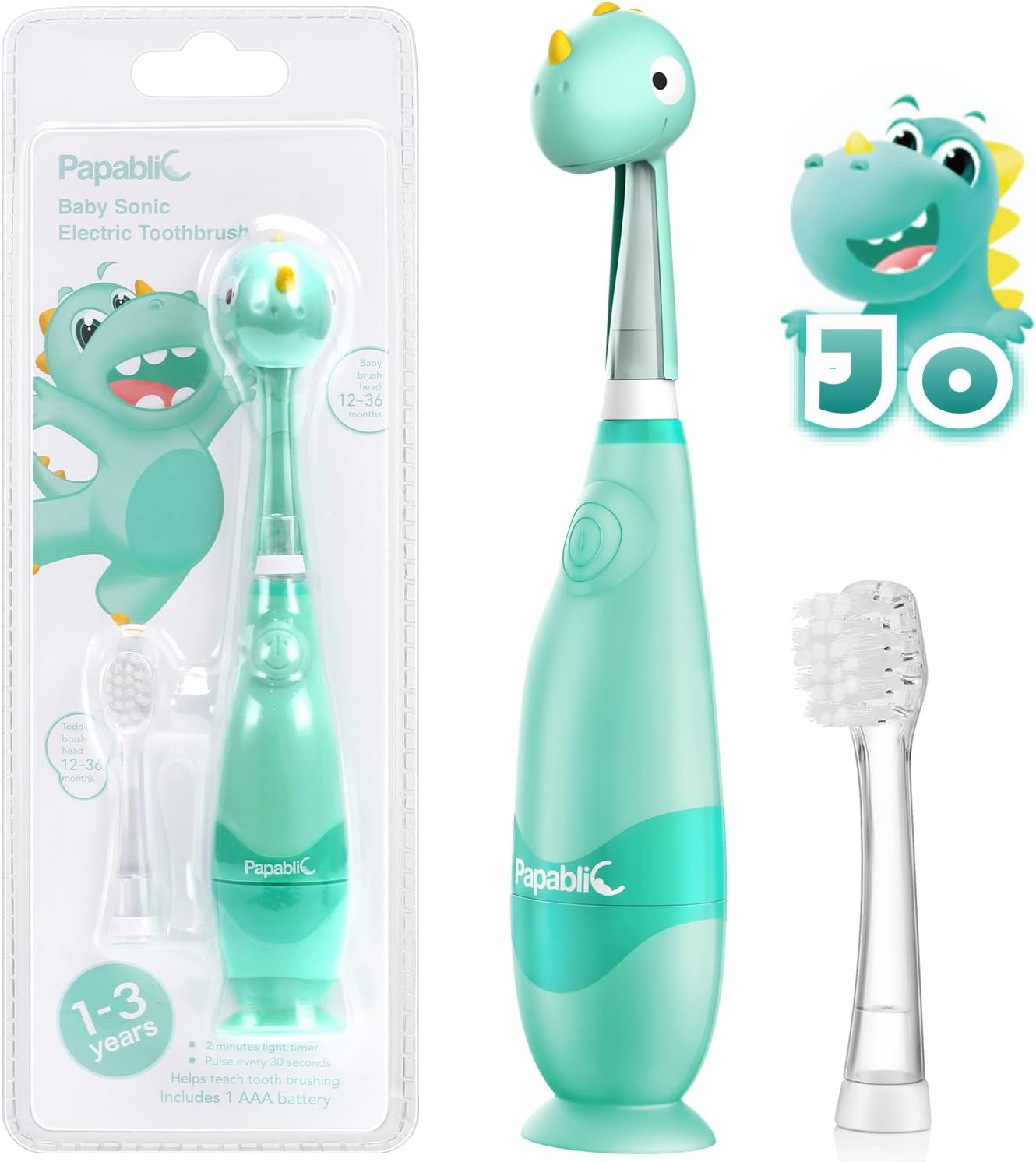Papablic 幼児用 ソニック 電動キッズ 歯ブラシ 1-3歳 ベビー電動歯ブラシ かわいい恐竜カバーとスマートLEDタイマー付き ブラシヘッド2個(ジョー)
