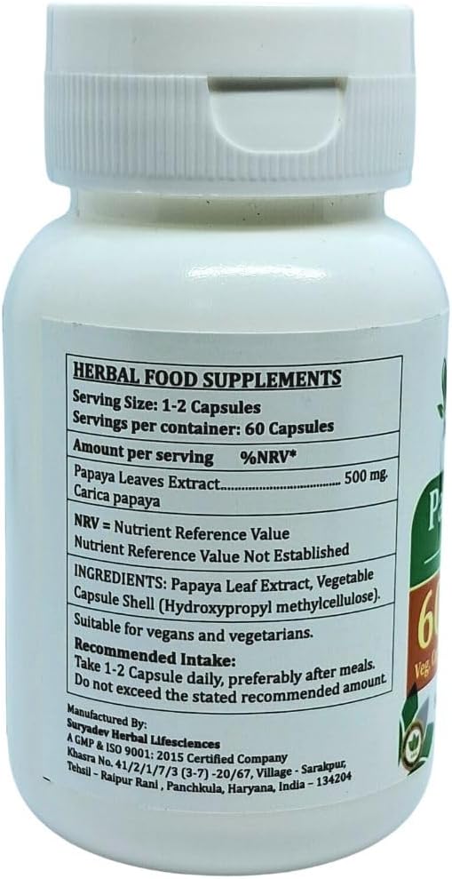 Papaya Leaf Forte Capsules 500 mg. 60 Veg. Capsule | Papaya Leaf (Carica papaya) Extract Capsules for Men and women | Ayurvedic Herbal Supplement/Remedies | 10:1 Forte (2 Bottles of 60 Capsules)